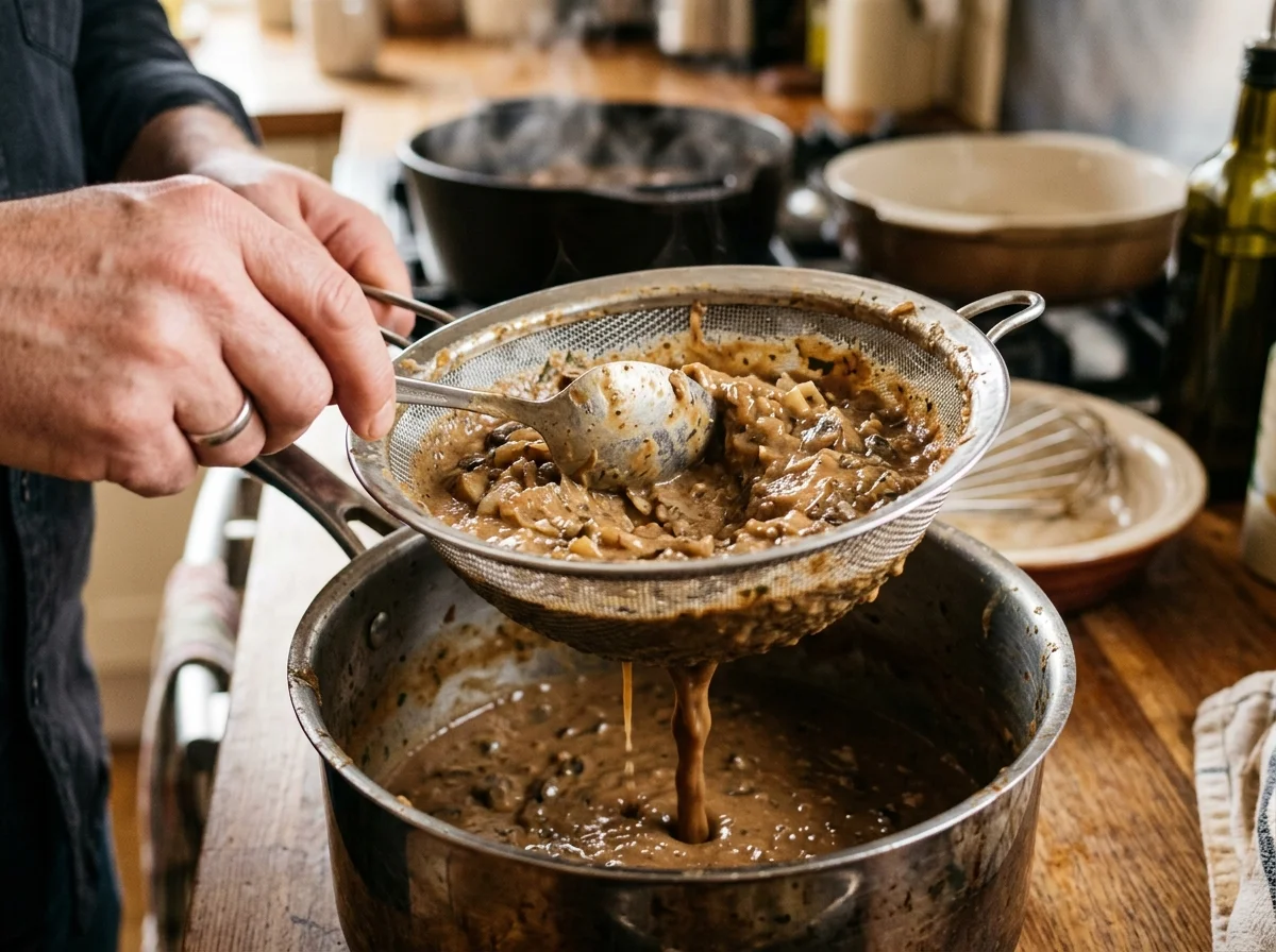手順5: 煮汁をソースに変える（15分） — 煮込みに使った野菜ごと煮汁をブレンダーでなめらかにするか、細かいザルで漉す。チェコの伝統的な作り方では漉すのが正式だが、ブレンダーでなめらかにするとコクが増す。漉した煮汁を鍋に戻し、中火にかける。