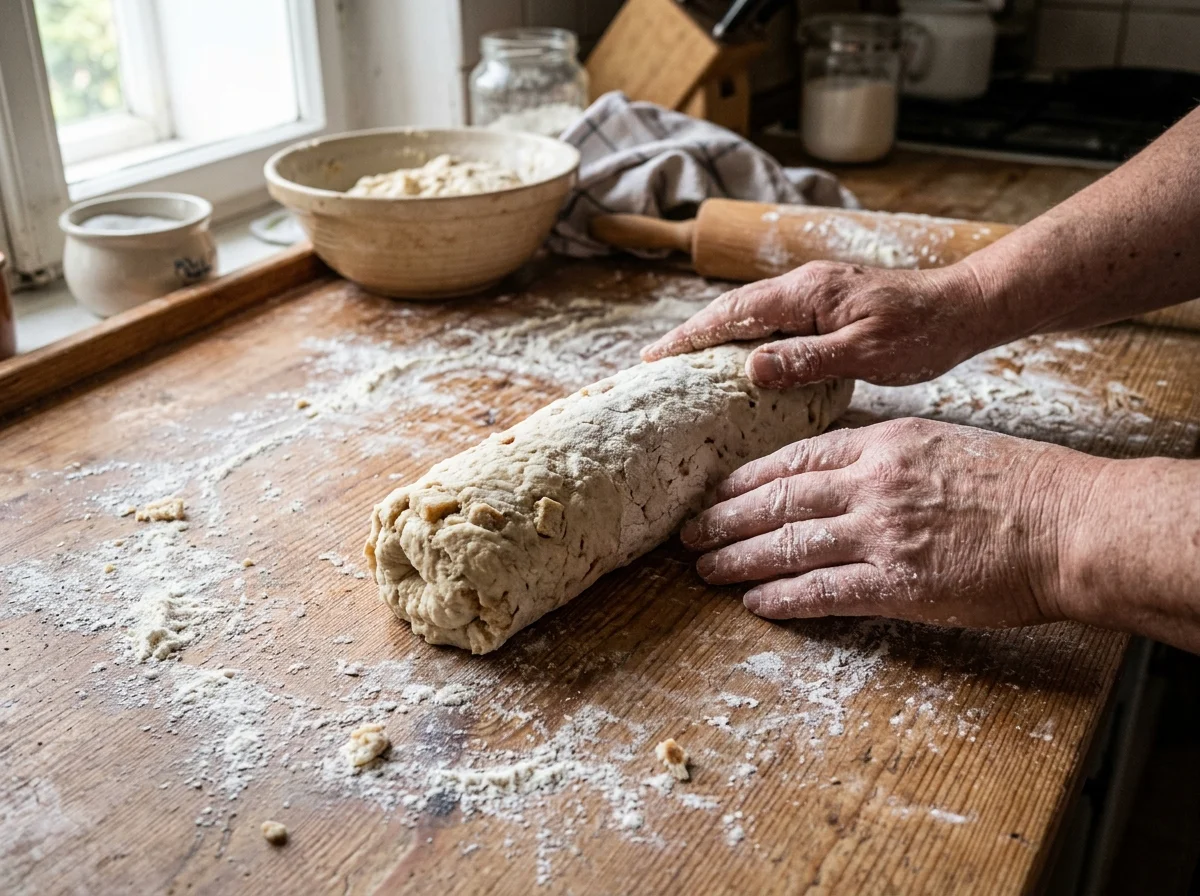 手順7: 生地を作る（15分＋発酵40分） — ボウルにぬるま湯150mlとドライイースト小さじ1を入れ、5分置いて溶かす。強力粉300g、卵1個、塩小さじ1/2を加え、なめらかになるまで10分こねる。ラップをかけて暖かい場所で40分発酵させる。生地が約1.5倍に膨らんだら、トーストして1cm角に切ったパンを混ぜ込む。