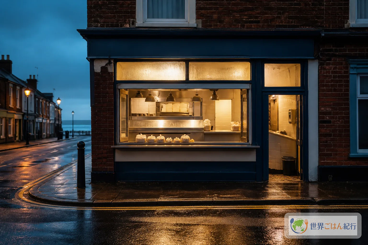 雨の夕方に灯りがともる英国のフィッシュ・アンド・チップス店と海辺の通り