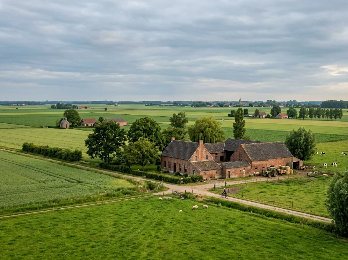 ベルギーのフランドル地方の田園風景。牧草地と古い農家