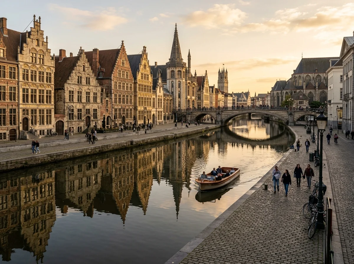 ベルギーのゲント旧市街の運河沿いの風景