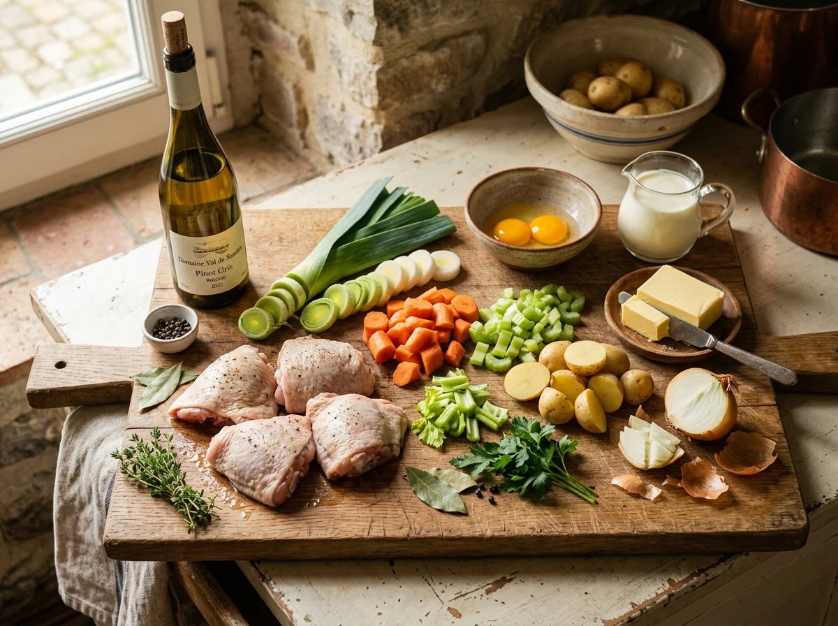ワタリゾーイの材料一覧。鶏もも肉、ポロねぎ、にんじん、セロリ、じゃがいも、卵黄、生クリーム
