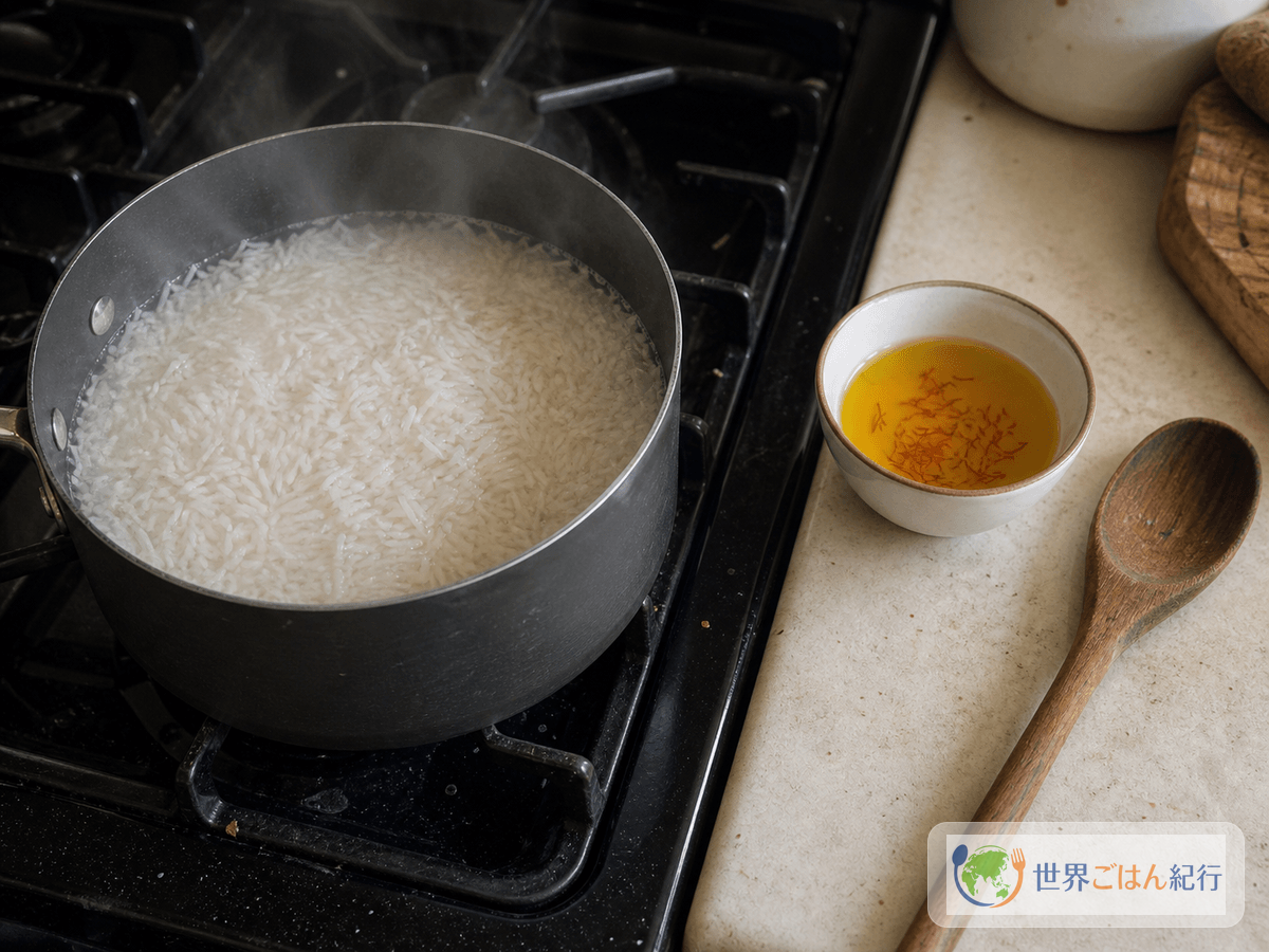 手順1: 米を半ゆでし、サフラン湯を作る