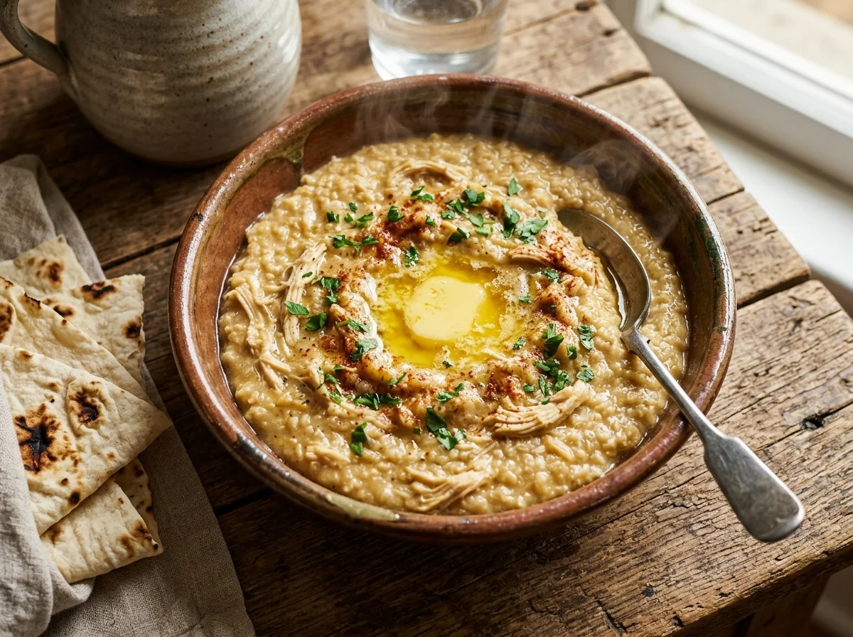 アルメニアの伝統料理ハリッサ。クリーミーな小麦と鶏肉の粥にバターが溶けている