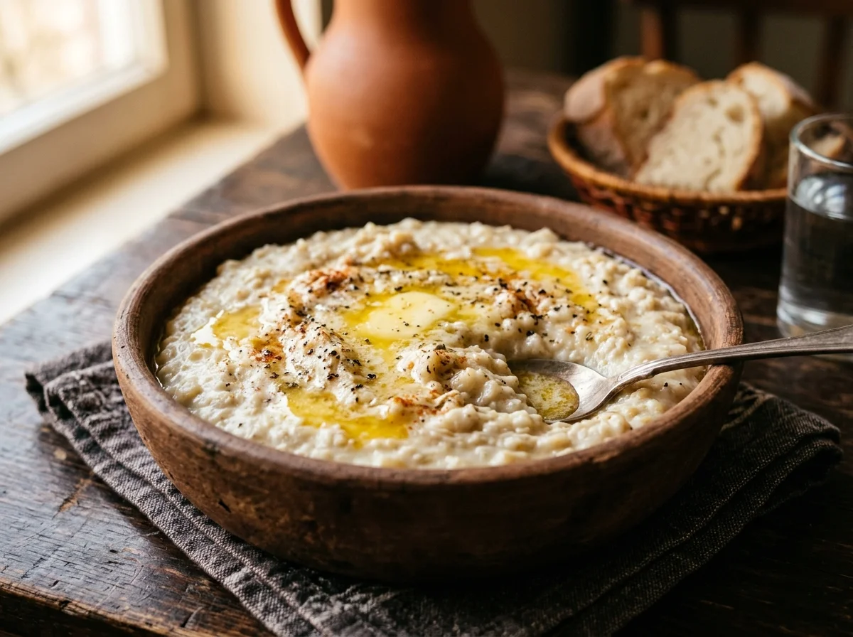 ハリッサの盛り付け。バターの池が中央にある