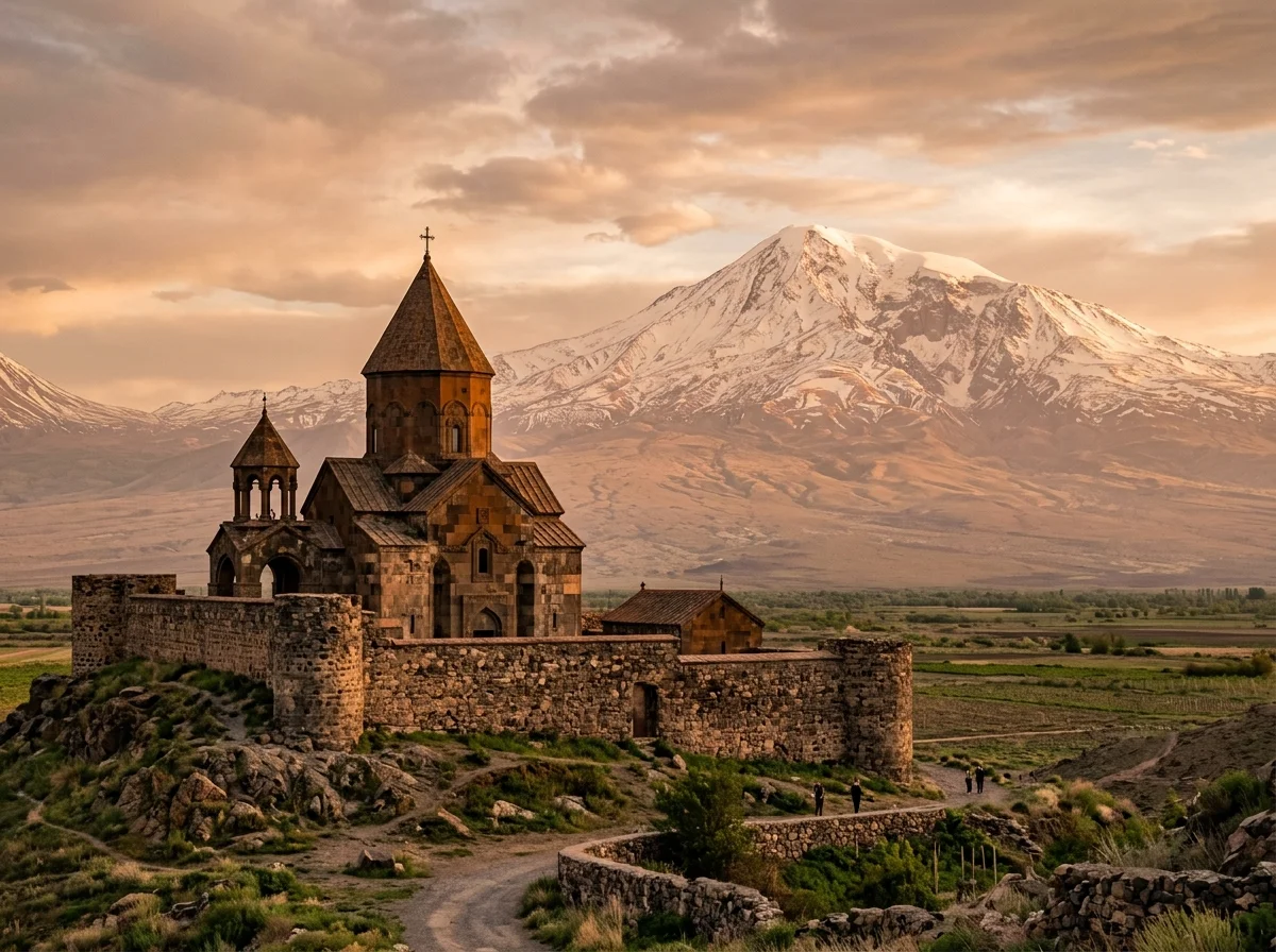 アルメニアの風景。古い教会と山岳地帯