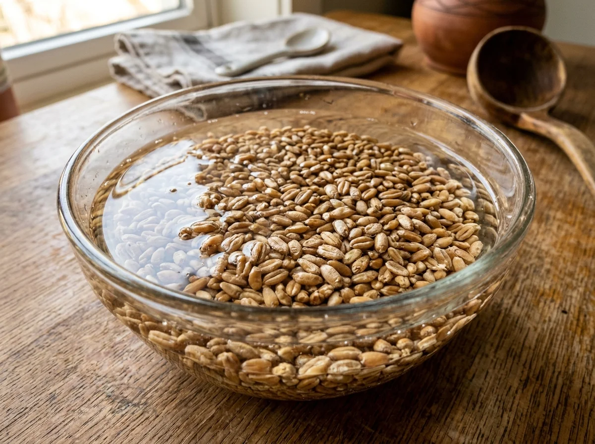 小麦粒が水に浸けられている様子