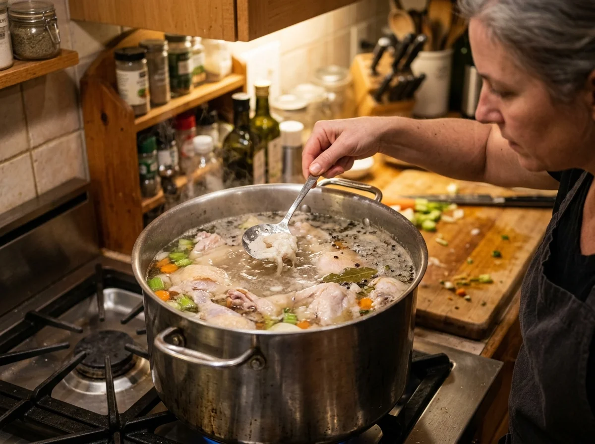 手順1: 大きな厚底鍋に鶏もも肉800gと水2.5Lを入れ、強火で沸騰させてアクを丁寧にすくう(10分程度)