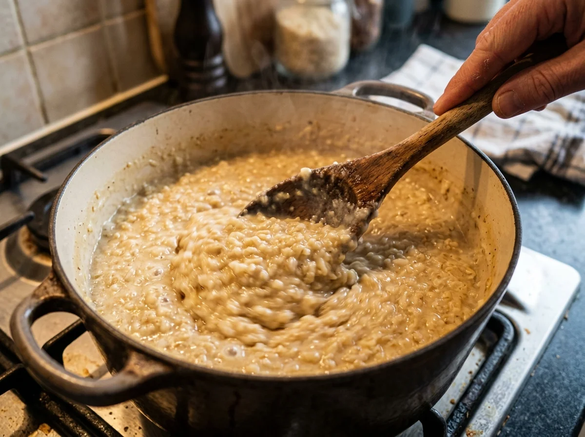 手順3: 鶏肉を戻し入れ、水を切った丸麦300gを加えて弱火でさらに2〜3時間煮込む。30分ごとに木べらで底から大きくかき混ぜ、焦げ付きを防ぐ