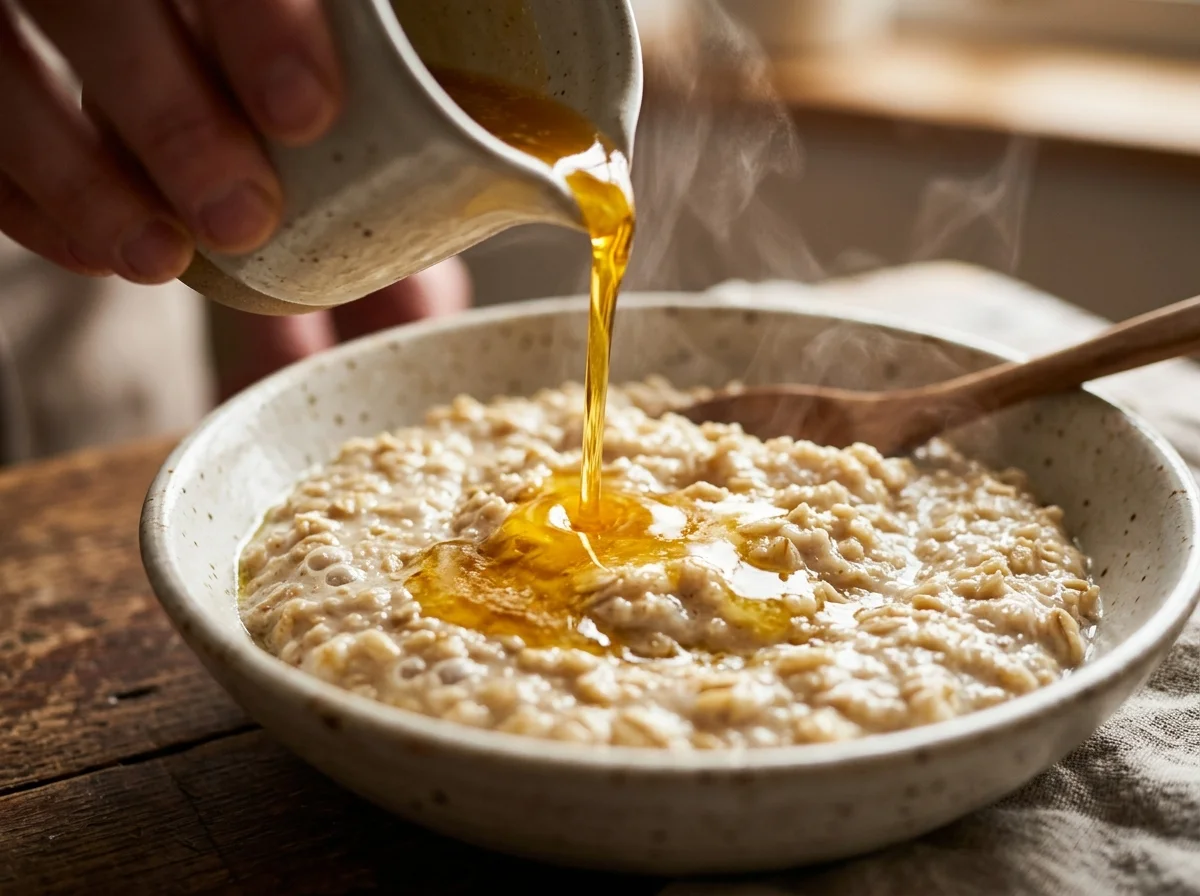 手順4: 小麦が完全に溶けてクリーム状になったら、塩小さじ2と黒こしょう小さじ1/2で味を調える。木べらで持ち上げた時にゆっくりと落ちる粘度(リゾットより少し柔らかいくらい)が完成の目安