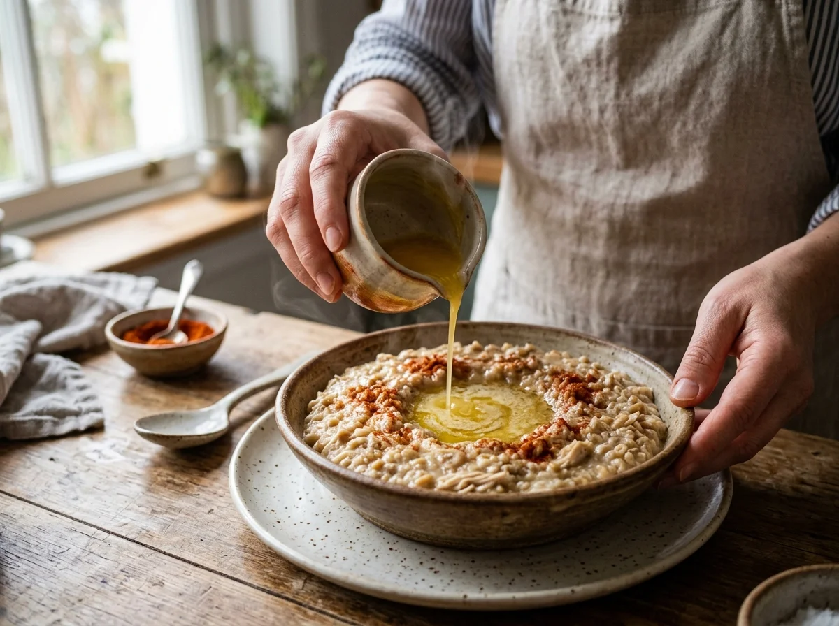 手順5: 器に盛り付け、中央にくぼみを作り、溶かしバター100gをたっぷりと注ぐ。パプリカパウダーを振りかけて完成