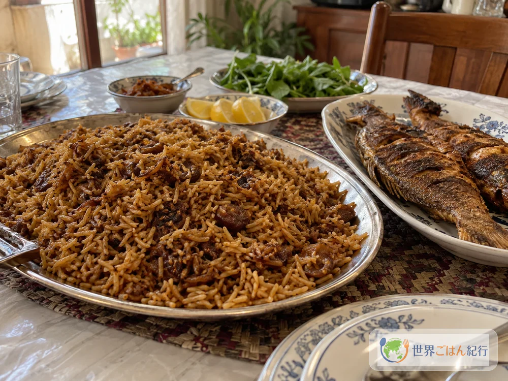 大皿に盛ったムハンマルと揚げた魚、レモン、青菜を並べたバーレーン風の食卓