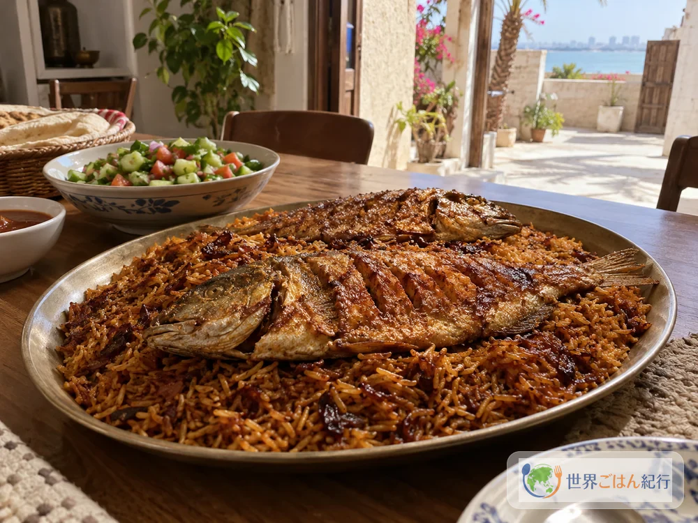 バーレーンの港町の家庭で、甘く炊いたご飯と揚げた魚を囲む食卓