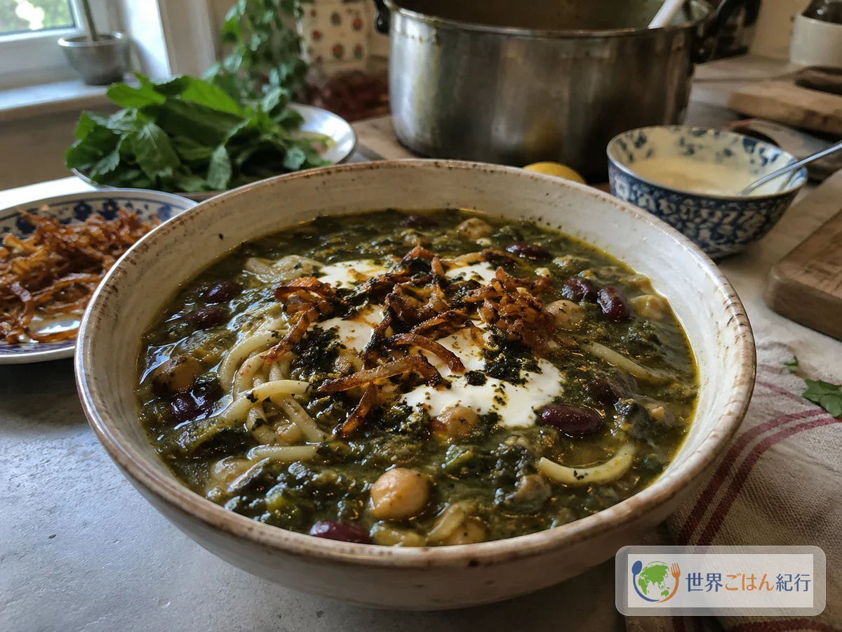 青菜と豆と短い平麺の濃いアーシュ・レシュテに炒め玉ねぎとミント油と白いヨーグルトを添えた器