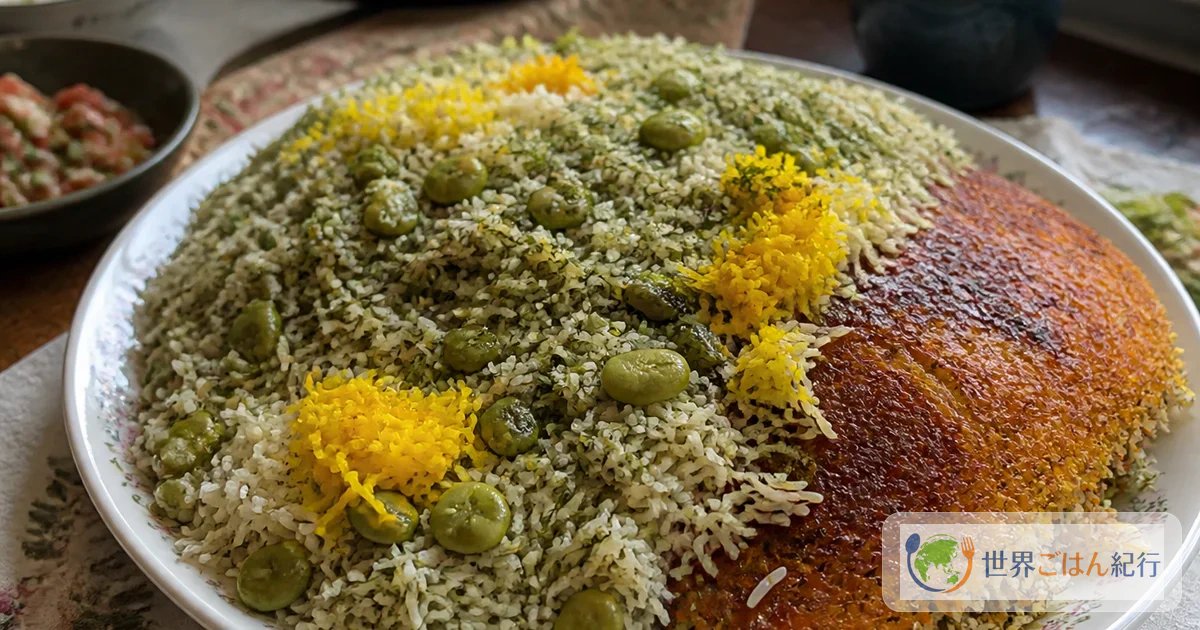 白いバスマティ米に緑のそら豆とディル、サフラン米、黄金色のターディグを合わせたバガリ・ポロ