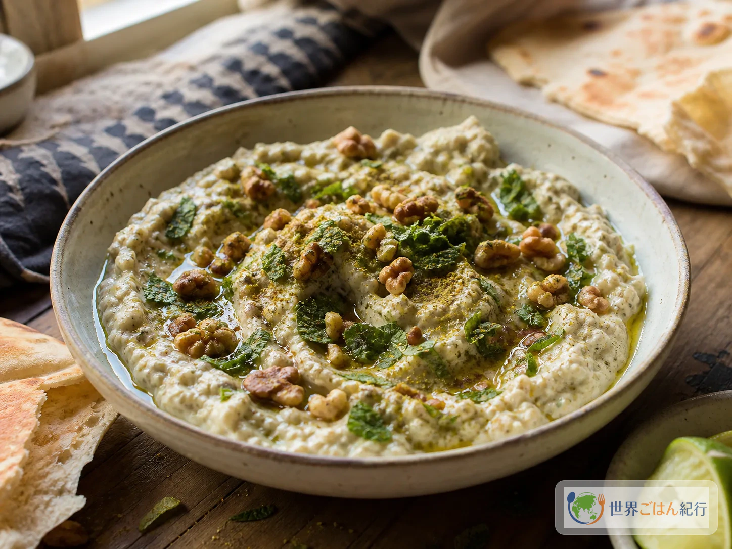 イランのボラニ。焼きなすとヨーグルトを合わせ、くるみ、ミント、オリーブオイルをのせた小皿料理