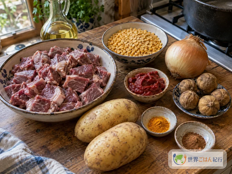 양고기 깍둑썰기, 노란 스플릿 피, 양파, 토마토 페이스트, 건조 라임, 강황, 시나몬, 감자를 늘어놓은 호레시 게이메 재료