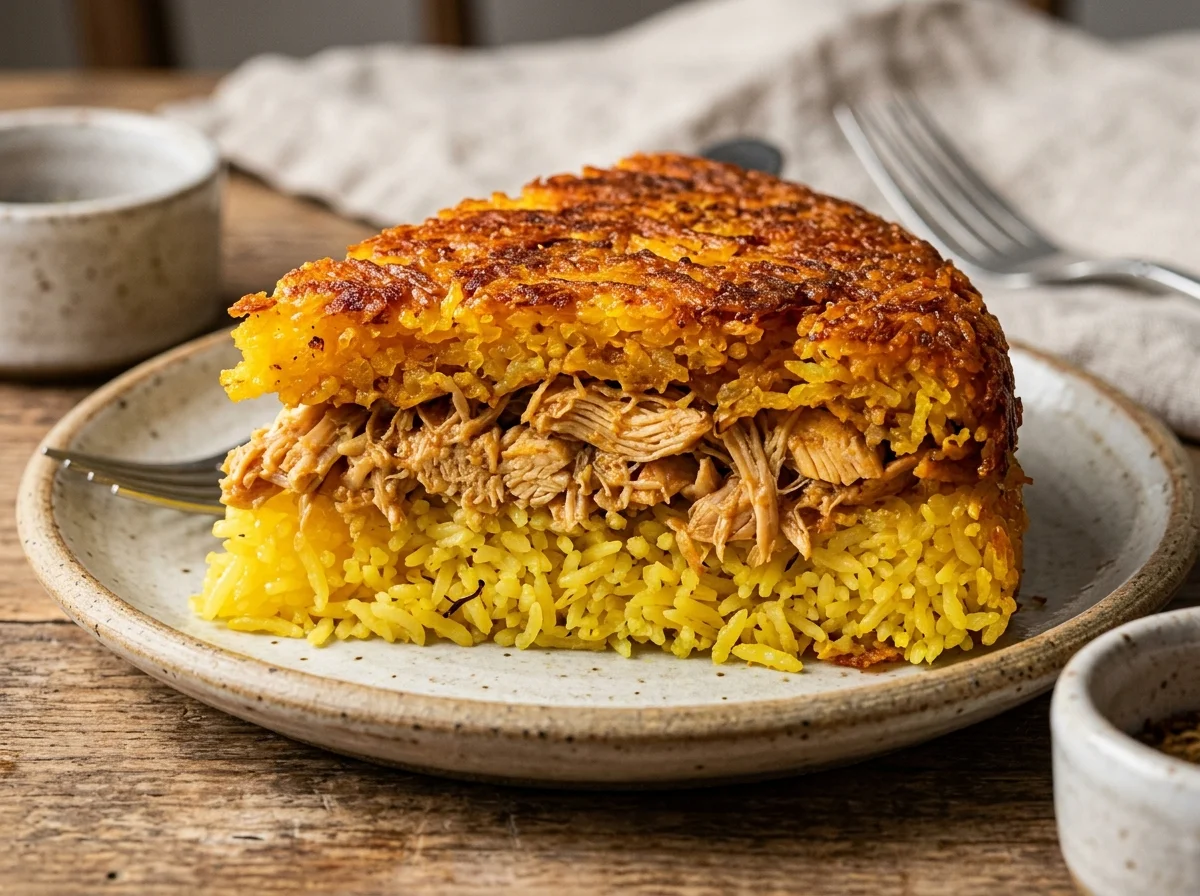 タフチンの断面。黄金のサフランライスの層と鶏肉の層がくっきりと分かれ、表面にはパリパリのおこげが見える