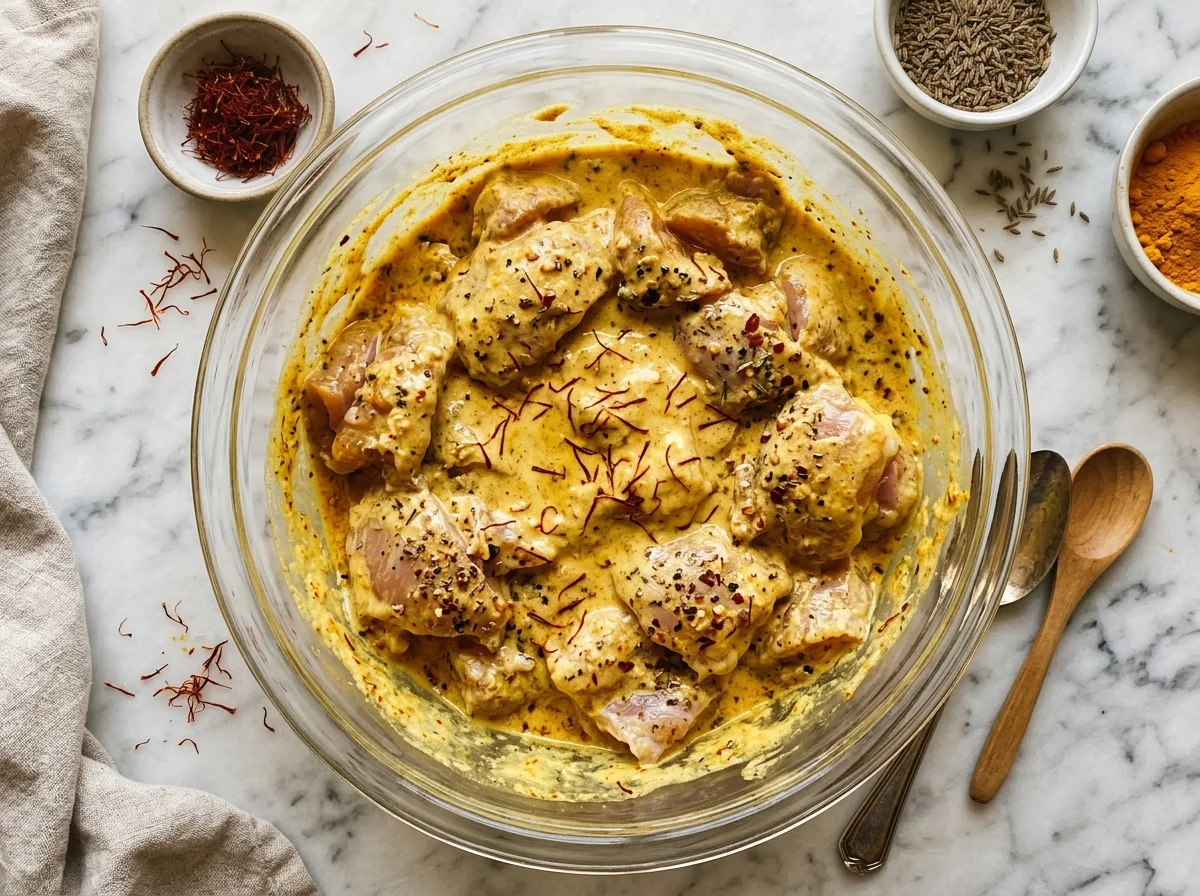 手順19: 半茹でにした米をこのボウルに加え、米を潰さないようにゴムベラで優しく切るように混ぜる。全ての米粒が黄金色のヨーグルト液をまとっている状態にする