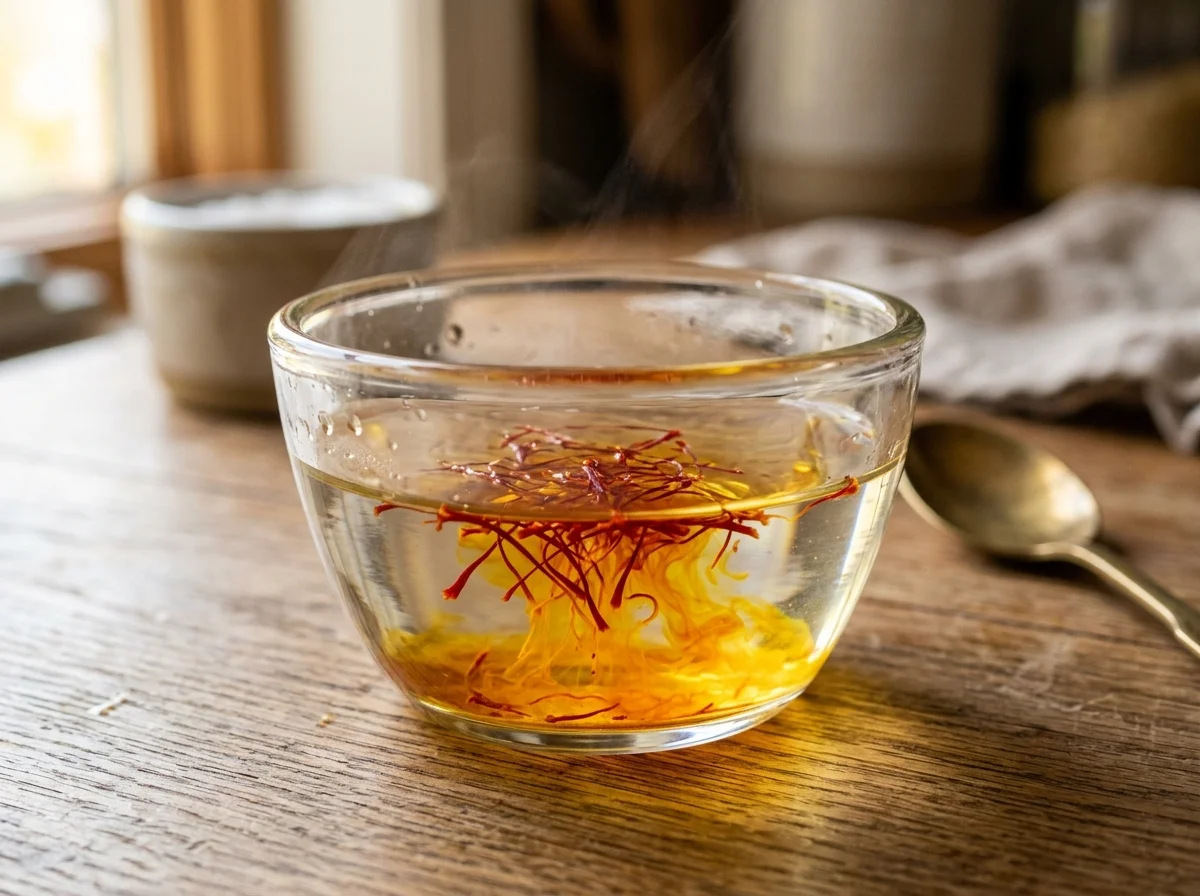 手順6: サフラン液は深い赤橙色になります。これが「液体の金」と呼ばれるペルシャ料理の秘密兵器です