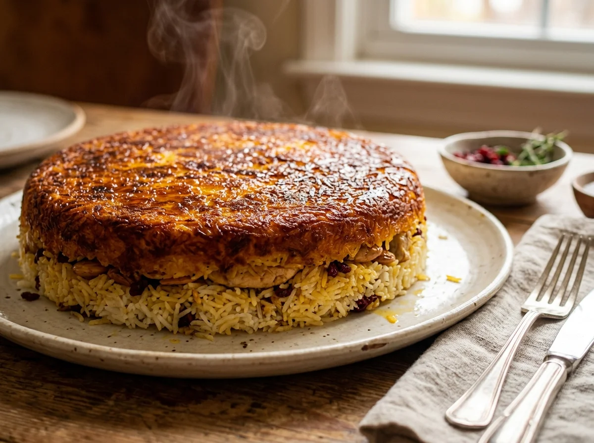 手順29: 型をそっと外すと、黄金色のパリパリおこげが上面に現れる——これがタフチン最高の瞬間です