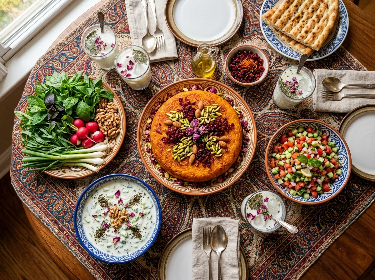 ペルシャ料理のテーブルセッティング。タフチンを中央に、サブジ・ホルダン、マースト・オ・ヒヤール、シーラーズィーサラダ、ドゥーグが並ぶ
