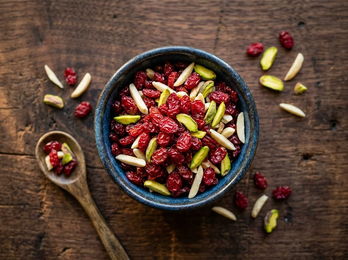 手順34: タフチンの上面に、バーベリー、アーモンド、砕いたピスタチオを美しく散らす