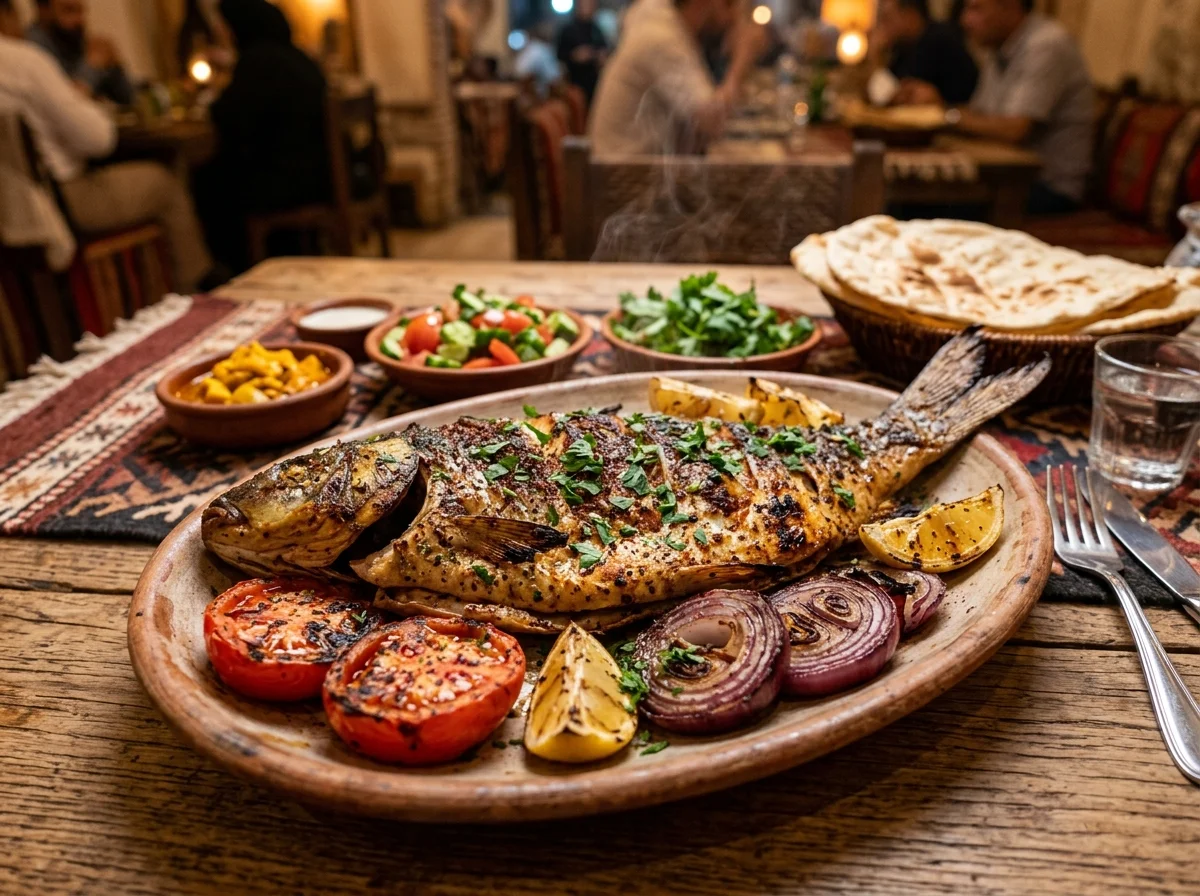 イラクの国民食マスグーフ。大きな魚が炭火の前に立てかけられて焼かれている