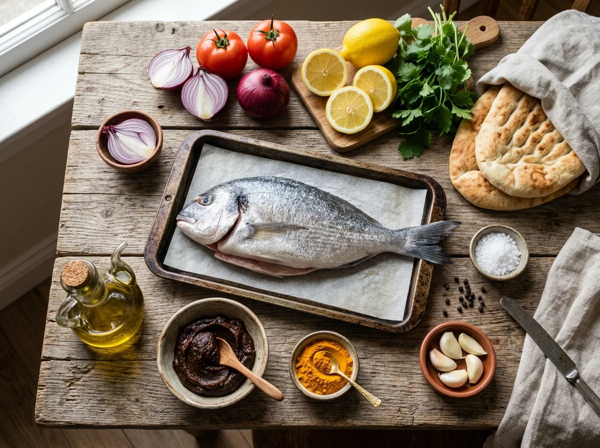 マスグーフの材料。鯛、タマリンドペースト、スパイス、トマト