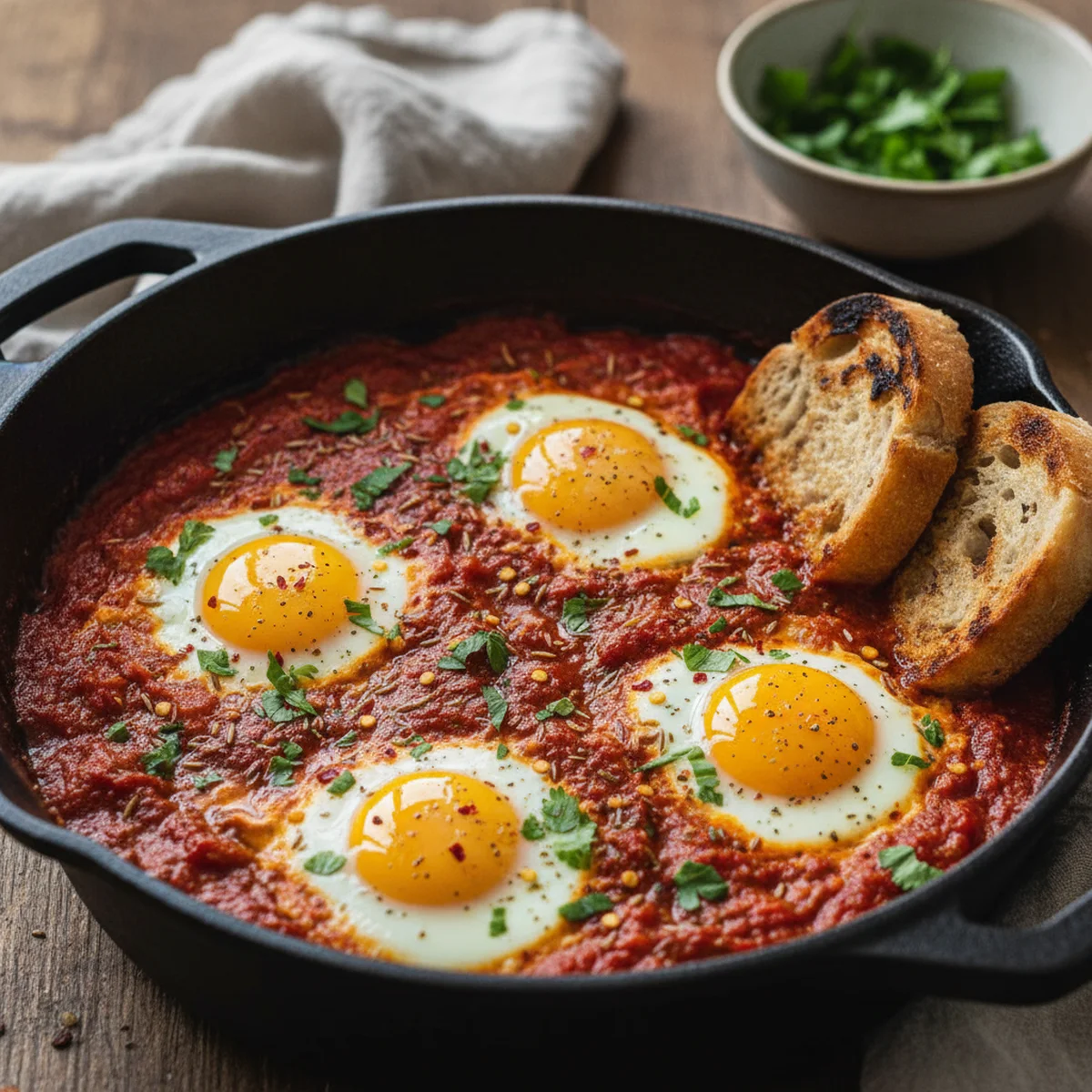 スキレットで仕上げたシャクシュカ、スパイスの効いたトマトソースに卵