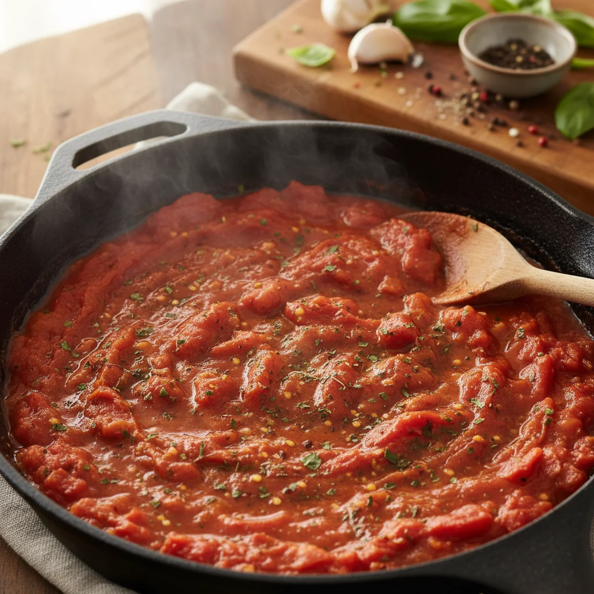 手順3: トマトソースを煮込む（弱火〜中弱火で8〜10分）