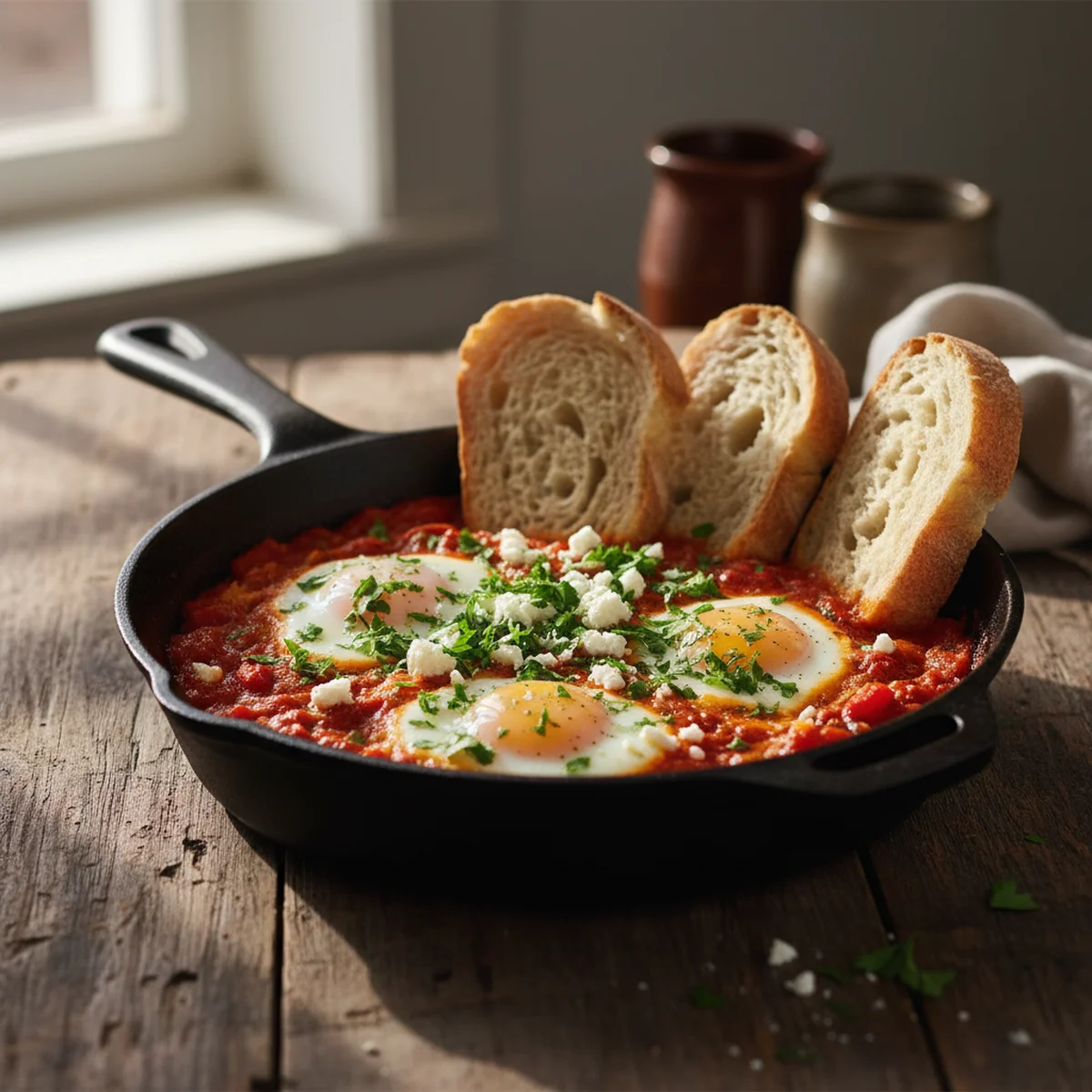 鉄鍋で仕上げたシャクシュカ、パンを添えたイスラエル風の朝食