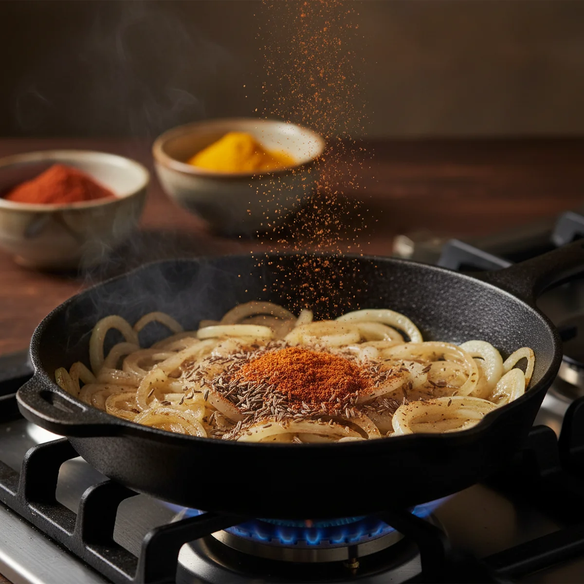 手順2: スパイスをブルーム（開花）させる（30秒〜1分）