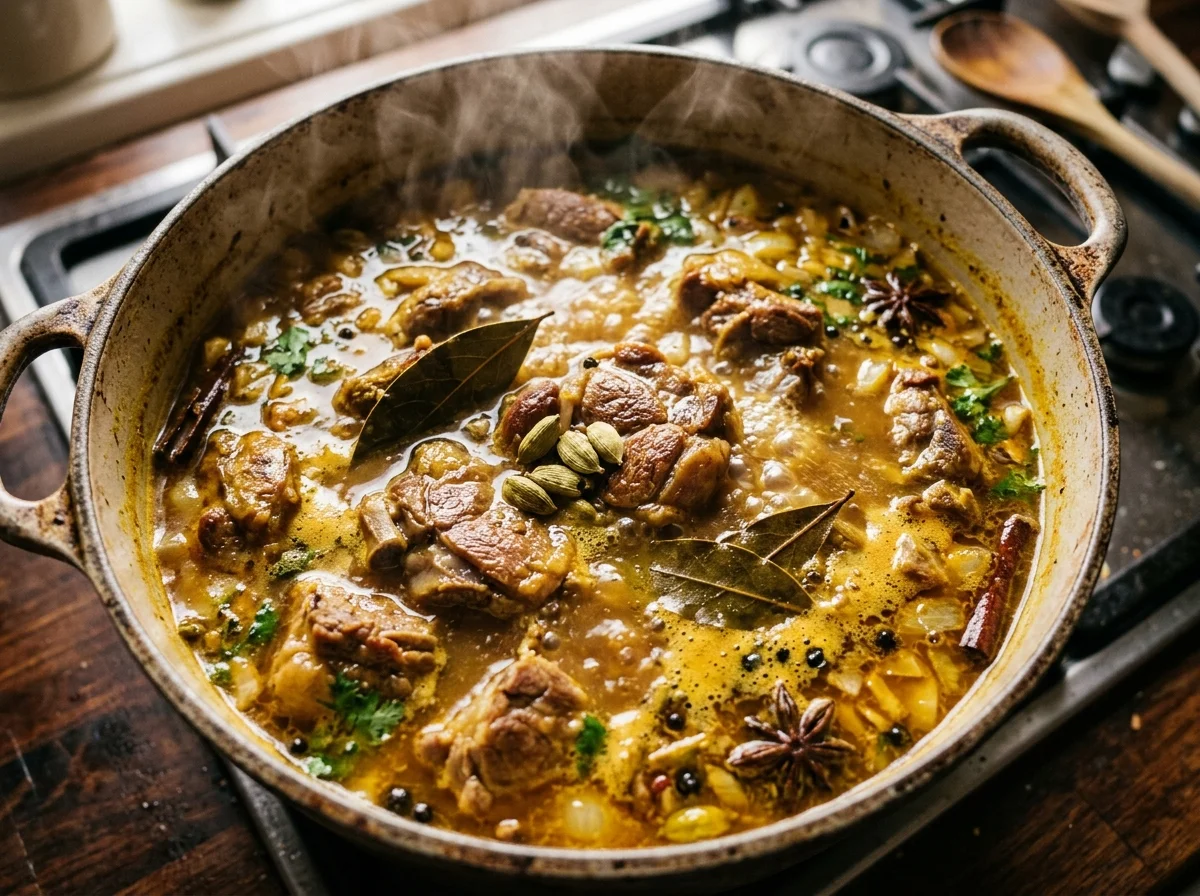 手順2: 本煮込み開始: 清潔な鍋にラム肉を入れ、水1.5リットル、玉ねぎ4つ割り、カルダモン6粒（潰す）、ベイリーフ2枚、シナモンスティック1本、黒コショウ小さじ1、塩小さじ1を加える。中火で沸騰させたらアクを取り、弱火に落として蓋をする。