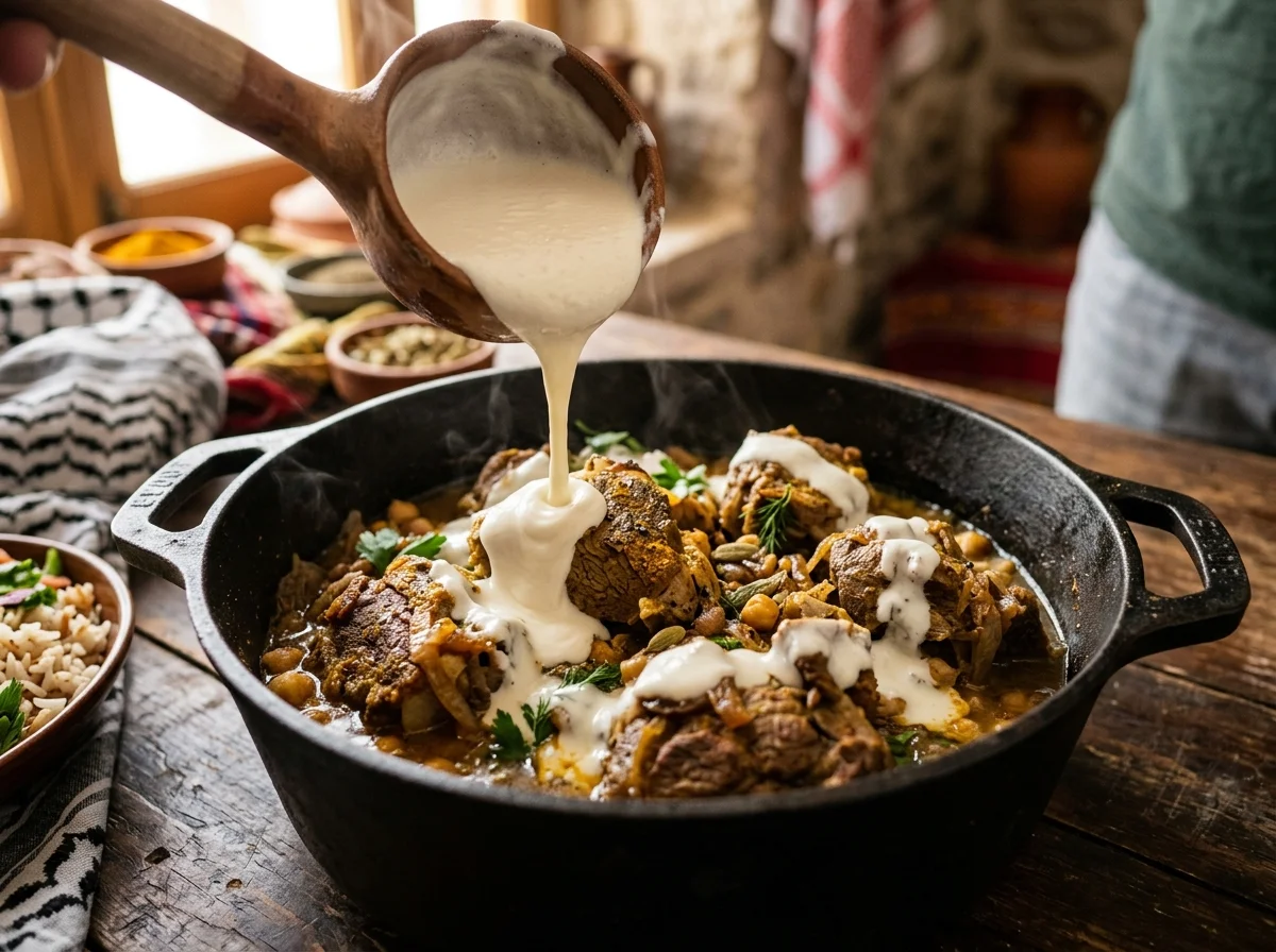 手順3: じっくり煮込む（1.5〜2時間）: ラム肉が骨から簡単に外れるほど柔らかくなるまで弱火で煮込む。途中で水が減りすぎたら足す。煮込み終了後、肉を取り出し、煮汁は漉してとっておく（約500mlが後で必要）。