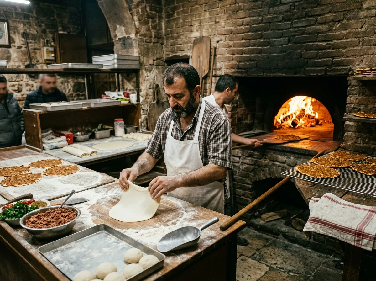 ガズィアンテプの伝統的なラフマジュン窯の前で作業する職人