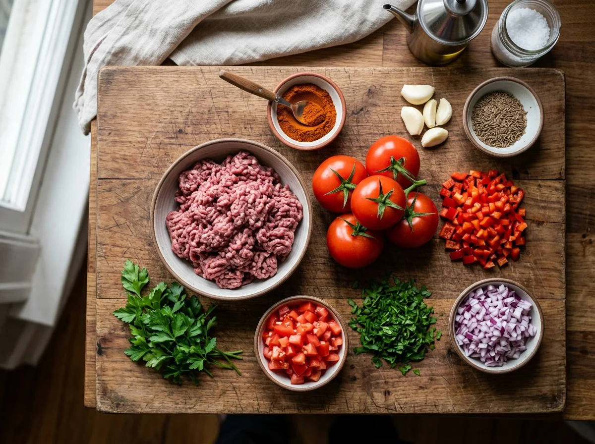 ラフマジュンの材料一覧。羊ひき肉、トマト、パプリカ、スパイス類が並ぶ