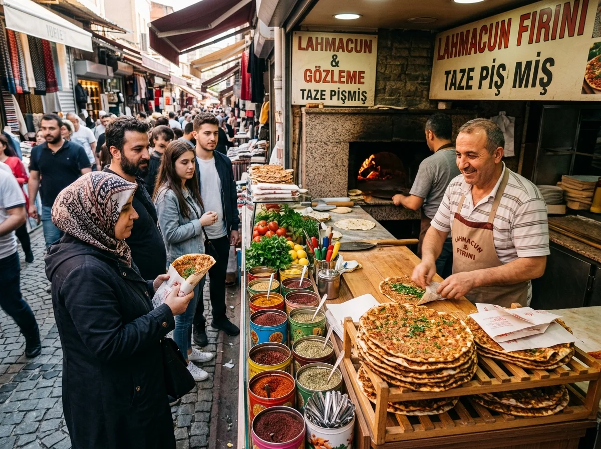 トルコのバザールでラフマジュンを売る屋台
