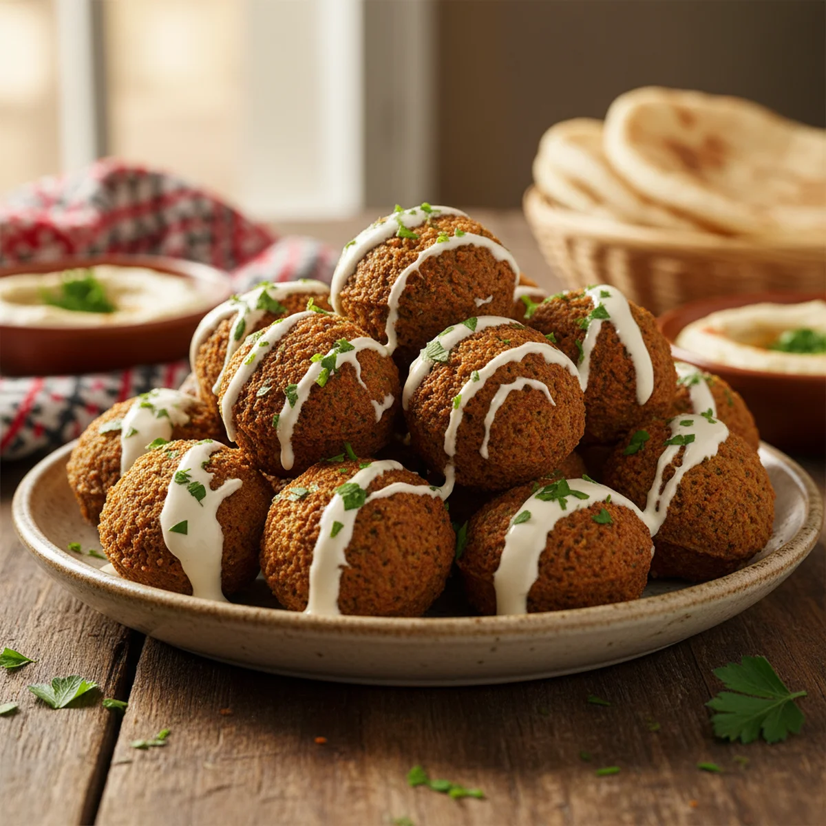 揚げたてのファラフェルがピタパンに挟まれた盛り付け