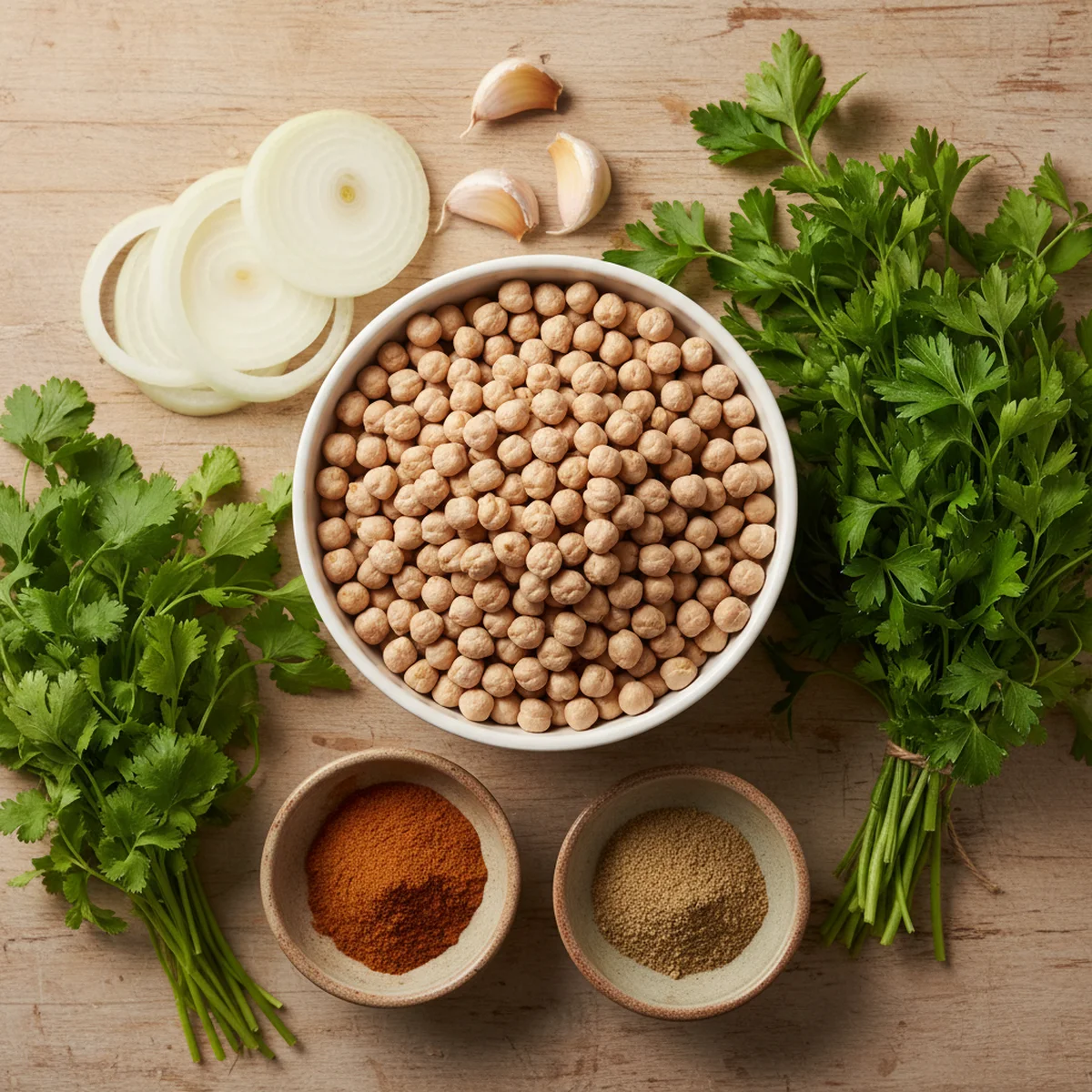 材料を並べた俯瞰写真。乾燥ひよこ豆・パセリ・パクチー・スパイス