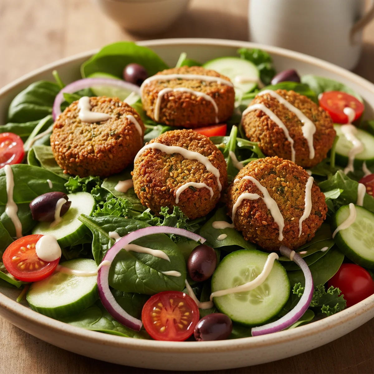 アレンジ例: サラダボウルの上にファラフェルをのせた盛り付け