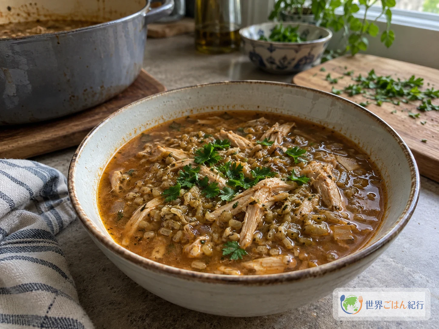 焙煎したひき割り小麦とほぐした鶏肉が入った淡い赤褐色のフリーケスープ