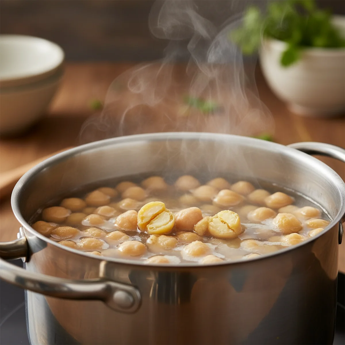 手順2: 豆を柔らかく茹でる（強火で沸騰→弱火40〜50分）