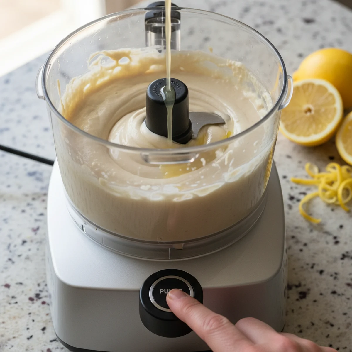手順3: タヒニとレモンを先に乳化させる（フープロ1分30秒）