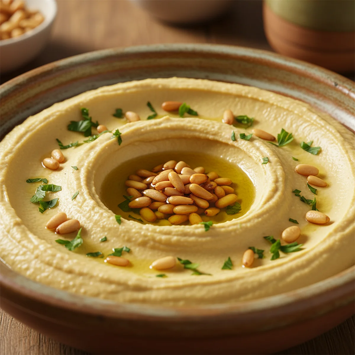 スパイスとオリーブオイルで飾ったフムス