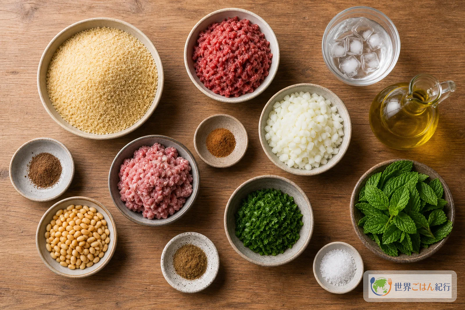 キッベに使うブルグル、肉、松の実、スパイス