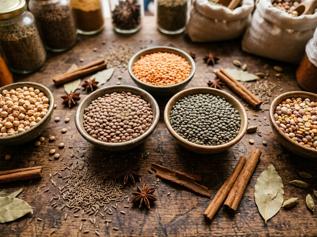 レンズ豆の種類。茶・緑・赤のレンズ豆がセラミックの器に盛られ、クミンシードやシナモンスティックが添えられている