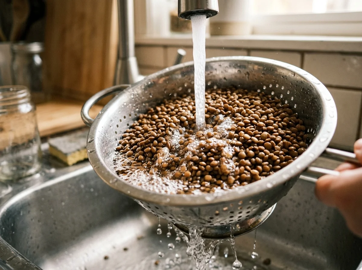 ムジャッダラの材料。レンズ豆、バスマティライス、玉ねぎ、スパイス