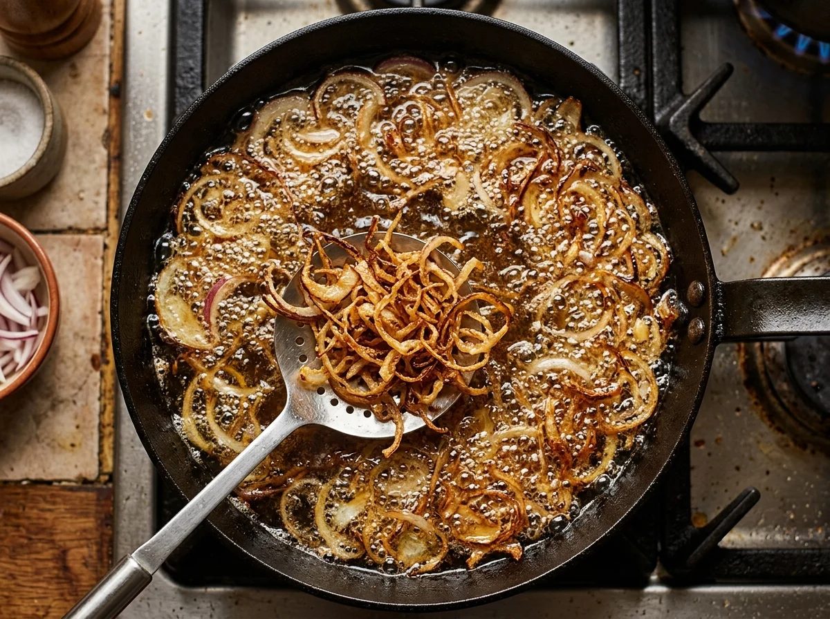 カリカリに揚がった玉ねぎ。濃い茶色でキャラメル化している