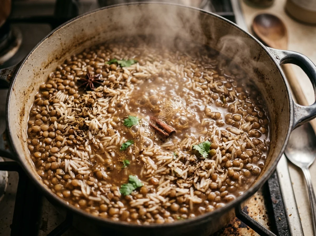 鍋の中でレンズ豆と米が一緒に炊き上がっている様子。クミンの香りが立ち上る
